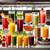 An Assortment of Fresh Breakfast Juices and Boosters made with Garnishes in a Restaurant
