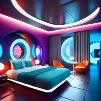 A Futuristic Hotel Room with 3D Lighting, Colors, Furnishings and Art, 3D 3-Dimensional View