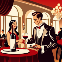 A Waiter in Nice Traditional Hotel Uniform Serving a Vintage Expensive Red Wine to a Well Dressed Guest in a Luxury Restaurant with Fine Well-Set Table with White Table Cloth in a Nice Wine Glass
