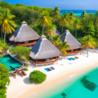 A Unique Colourful Resort with Freen Trees and Flowering Plants with Traditional thatched Roofs and Crystal Clear Blue Ocean Around with White Sandy Beach