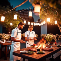 A Nice Barbecue Open Air Restaurant Night Time with Flowering Plants around with Lantern Type Lights Couples enjoying their dinner chefs in white Uniform Cooking Barbequed Meat on Open Fire