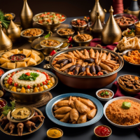 An Arabic Banquet Buffet Spread with Arabic Theme and Different Stalls and Different Arabic Dishes and Delicacies
