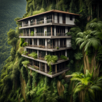 Asian Mountainside jungle 2 storie hotel building 