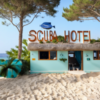 Diving hotel next to the sea with marine material and some trees and a sign named “scuba hotel”